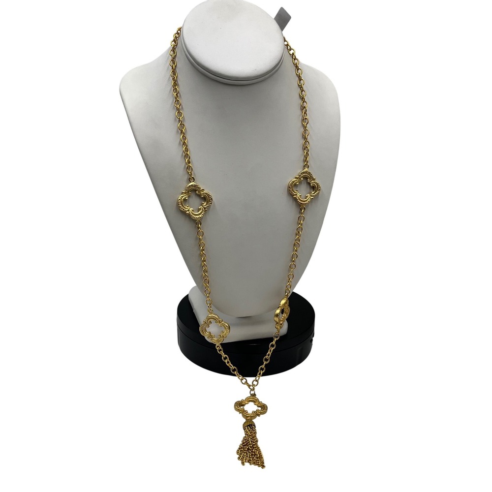 Susan‎ Shaw Gold-Tone Quatrefoil Clover Chain Tassel 24k Plated Pendant Necklace